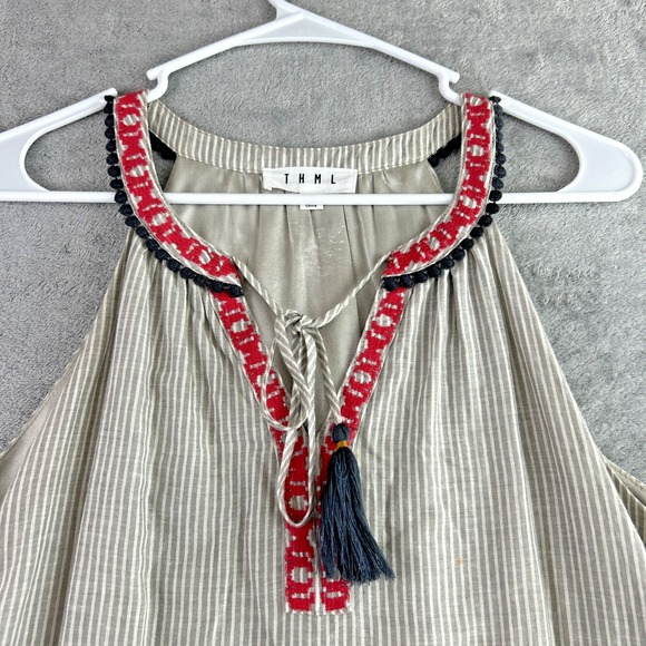 THML XS Sleeveless Embroidery Tassels Sun Dress Trim Grey Stripe Boho Festival - Picture 4 of 10